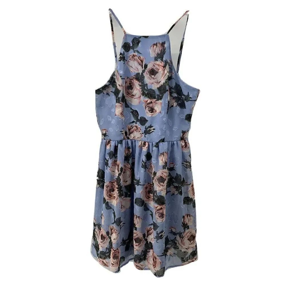 Blue High Neck Open Back Floral Fit & Flare Dress